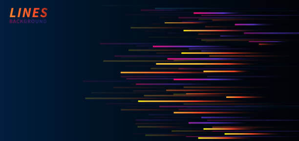 짙은 파란색 배경에 추상적 인 다채로운 수평 속도 선. 기술 스타일. - rainbow striped abstract in a row stock illustrations