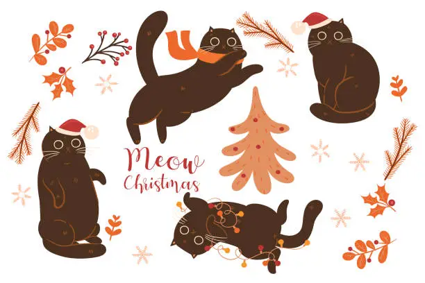 Vector illustration of Collection of Christmas cats and decorative elements isolated on white background. Vector graphics