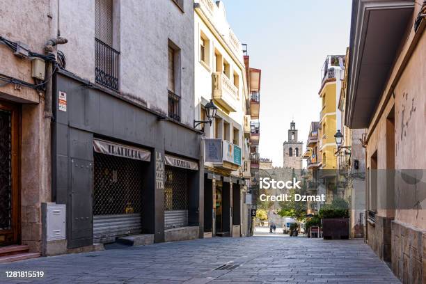 Street At Sant Cugat Downtown With Monastery On The Background Stock Photo - Download Image Now