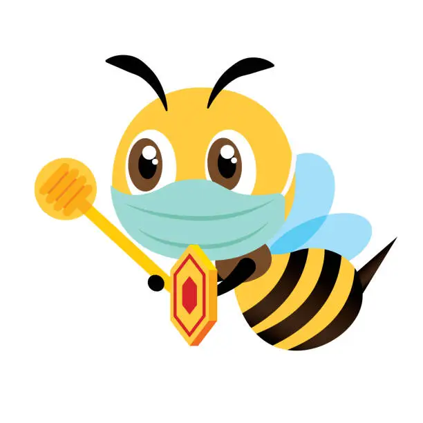 Vector illustration of Cartoon cute bee wearing surgical protective mask holding shield and honey dipper to protect against virus and bacteria - Flat art vector