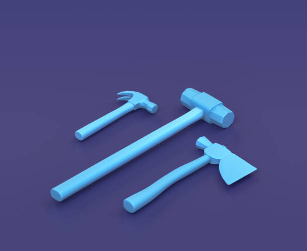 istock Isometric hammer, sledge hammer and hatched on blue background, single color workshop tool, 3d rendering 1281817796