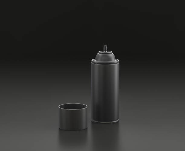 istock Dark gray spraypaint, paint spray can on black background, single color workshop tool, 3d rendering 1281817901