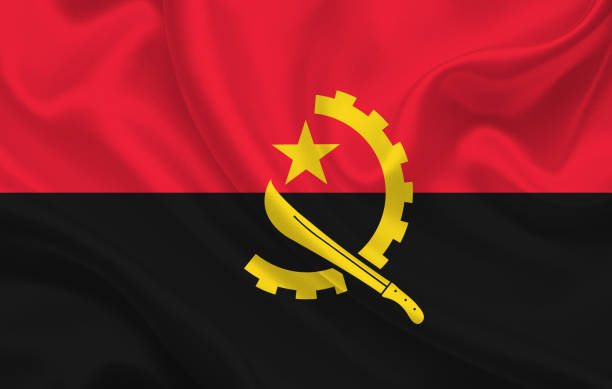istock Angola country flag on wavy silk fabric background panorama 1281818171