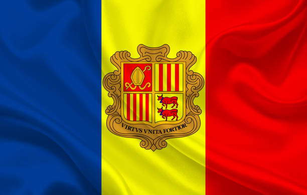 istock Andorra country flag on wavy silk fabric background 1281818174