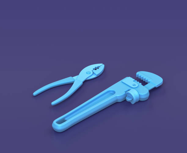 istock Isometric pipe wrench and pliers on blue background, single color workshop tool, 3d rendering 1281818348