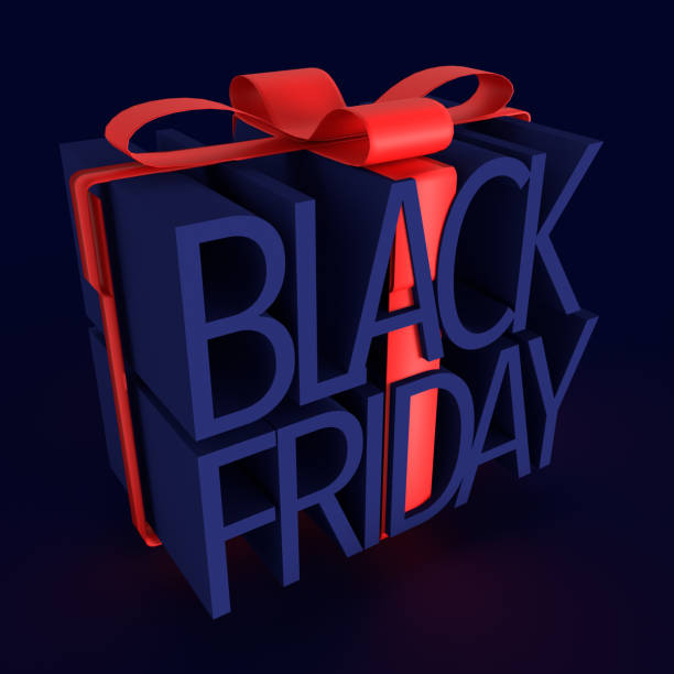 istock 3d render. Words Black Friday as gift box with red ribbon on blue background 1281818379