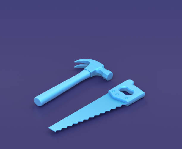 istock Isometric hammer and back saw on blue background, single color workshop tool, 3d rendering 1281818394
