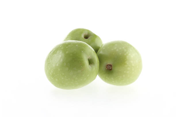 istock Green olives with leaves set isolated on white background as package design element 1281818422