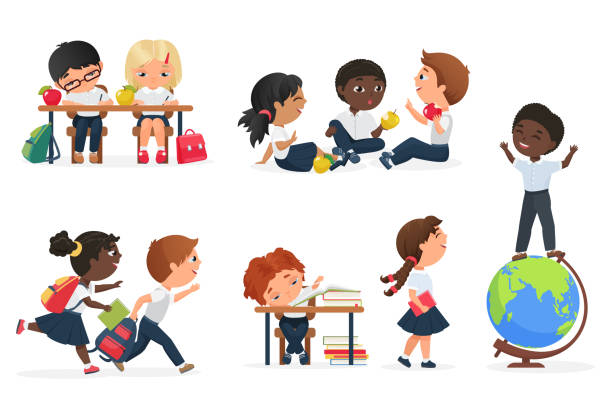 Kids In School Set Cartoon Education Collection With Happy Friends Children  Study Read Books Stock Illustration - Download Image Now - iStock