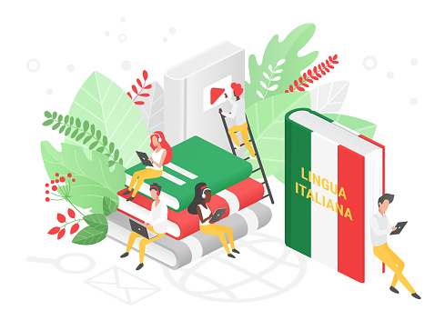 Online Italian language courses isometric 3d illustration. Distance education, remote school, Italy university. Language Internet class, students reading books. Teaching foreign languages isolated