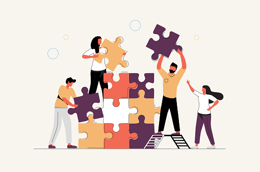 Business concept. Team metaphor. people connecting puzzle elements. Vector illustration flat design style. Symbol of teamwork, cooperation, partnership vector. Strategy, planning business concept.