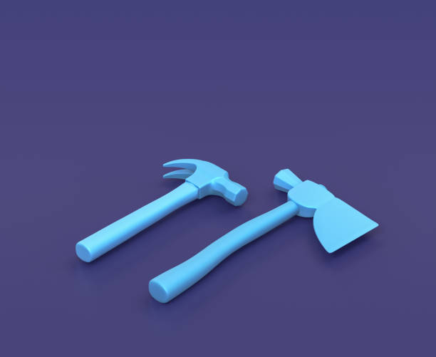 istock Isometric hetchet and hammer on blue background, single color workshop tool, 3d rendering 1281819811