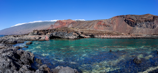 El Hierro, Canary Islands - Panorama of the swimming bay of Tacoron (Cala de Tacoron) near La Restinga with a view of the mountains