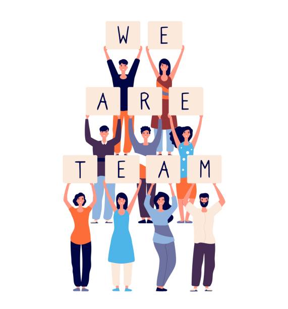 istock People business team. Happy crowd holding letter plates with text we are team. Partnership, young startup employees characters 1281821858