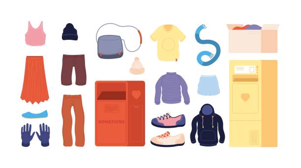 istock Clothes donation. Clothing recycling, colorful apparel second hand store. Containers for donate, old sweater dress for charity vector set 1281821866