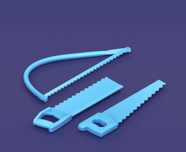 istock Isometric back saw, hand saw and tree saw on blue background, single color workshop tool, 3d rendering 1281821907