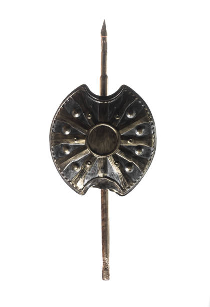 istock ancient shield and medieval golden spear isolated on white background 1281826137