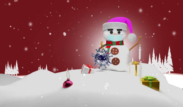 istock Christmas Snowman Holding Virus Models. (3d rendering) 1281826181