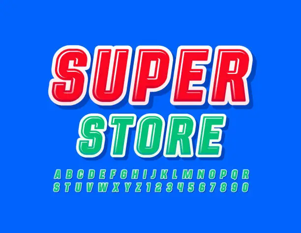 Vector illustration of Vector promo banner Super Store. Green Alphabet Letters and Numbers set