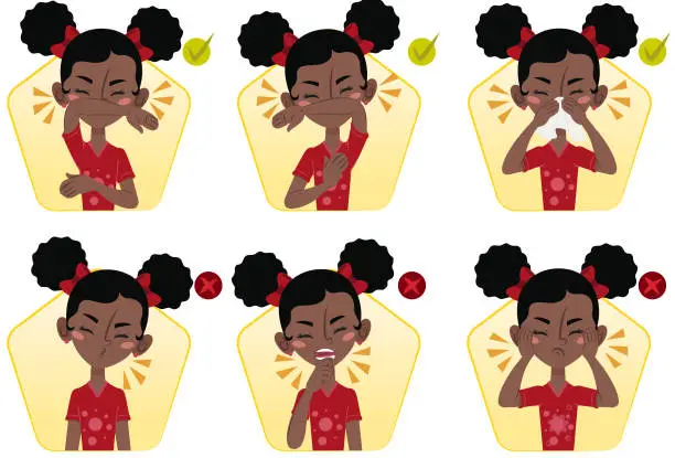 Vector illustration of Child showing how to sneeze and what not to do during covid-19