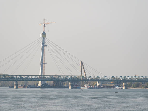KOMAROM, HUNGARY - OCTOBER 25, 2019: The Monostor Bridge under construction between Komarom, Hungary and Komarno, Slovakia