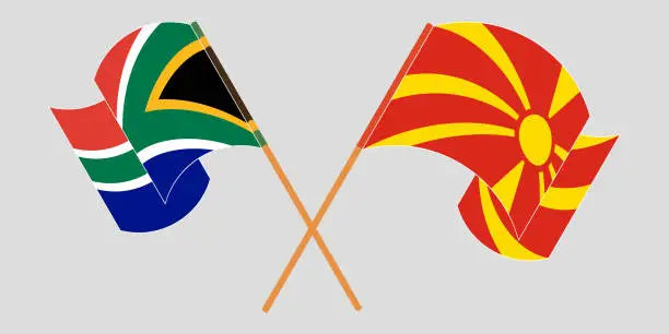 Vector illustration of Crossed and waving flags of North Macedonia and Republic of South Africa