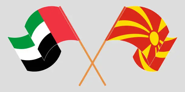 Vector illustration of Crossed and waving flags of North Macedonia and the United Arab Emirates
