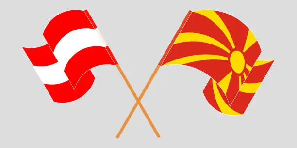 Vector illustration of Crossed and waving flags of North Macedonia and Austria