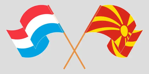 Vector illustration of Crossed and waving flags of North Macedonia and Luxembourg