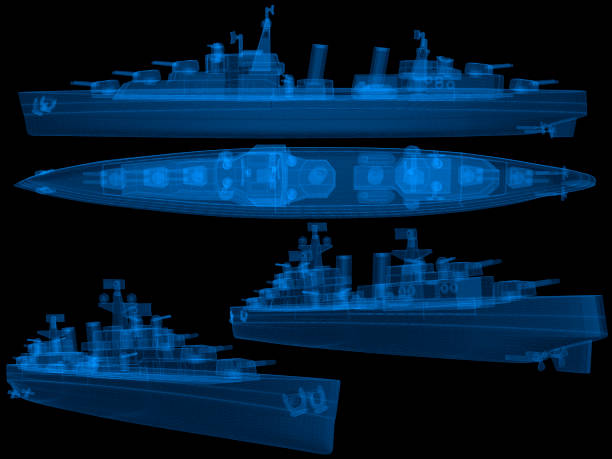 Military ship 3d wireframe with thin blue lines. Navy futuristic hologram on black background. 3d illustration stock photo