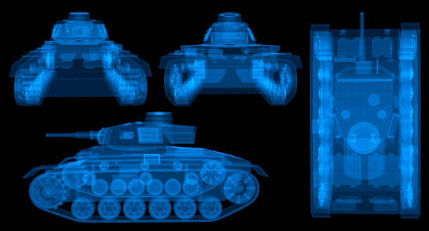 istock Military tank 3d wireframe with thin blue lines. Tank forces futuristic hologram on black background. 3d illustration 1281832106
