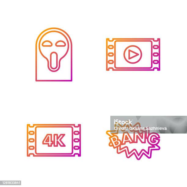Set Line Bang Boom Text Speech Bubble Balloon 4k Movie Tape Frame Funny And Scary Ghost Mask And Play Video Gradient Color Icons Vector Stock Illustration - Download Image Now - iStock Set Line Bang Boom Text Speech Bubble Balloon 4k Movie Tape Frame Funny And Scary Ghost Mask And Play Video Gradient Color Icons Vector Stock Illustration - Download Image Now - iStock