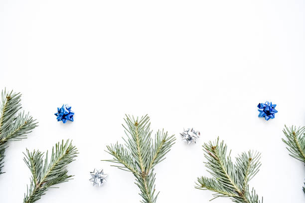 istock Christmas background. Branches of a Christmas tree on a white background. Top view. 1281834879