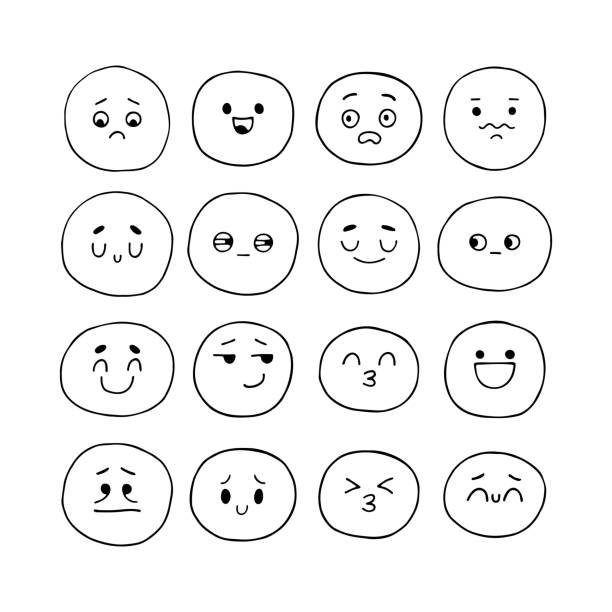 Hand drawn funny smiley faces. Sketched facial expressions set. Kawaii style. Collection of cartoon emotional characters. Emoji icons Hand drawn funny smiley faces. Sketched facial expressions set. Kawaii style. Collection of cartoon emotional characters. Emoji icons. Vector illustration drawing of the how to draw a crying face stock illustrations