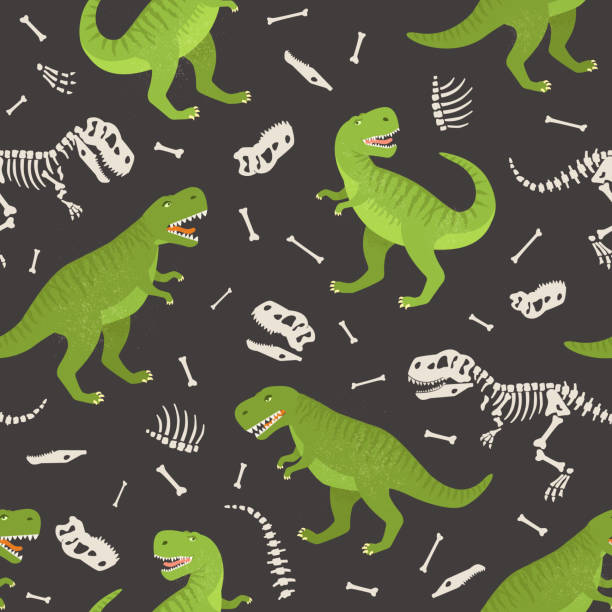 ilustraciones, imágenes clip art, dibujos animados e iconos de stock de patrón de grunge sin costuras esqueleto de dinosaurio. diseño original con t-rex, dinosaurio. impresión para camisetas, textiles, papel de envoltura, web. - dinosaur fossil tyrannosaurus rex animal skeleton