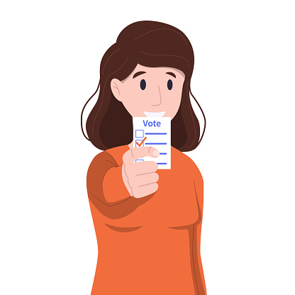 Vector illustration: woman is holding ballot. Election concept.