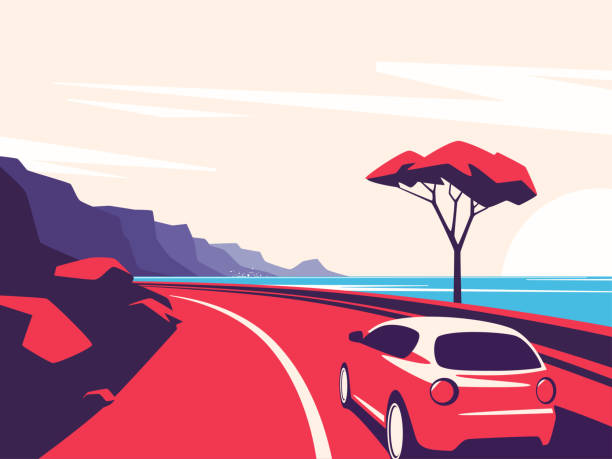 ilustraciones, imágenes clip art, dibujos animados e iconos de stock de ilustración vectorial de un coche rojo que se mueve a lo largo de la carretera de montaña del océano - scenics highway road backgrounds