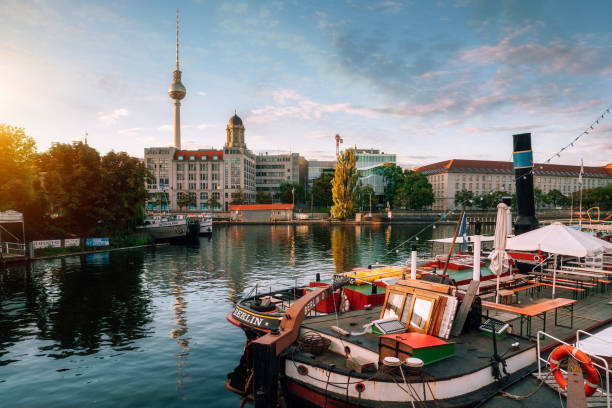 old harbour in Berlin with tv-tower in the background
