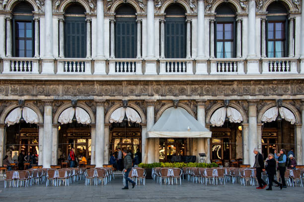 Cafe Florian on the Piazza San Marco or St Mark`s Square in Venice. It is an oldest cafe in Europe and famous landmark of Venice