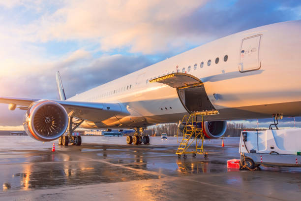 Airplane with open luggage compartment for passengers and wing and engine views.