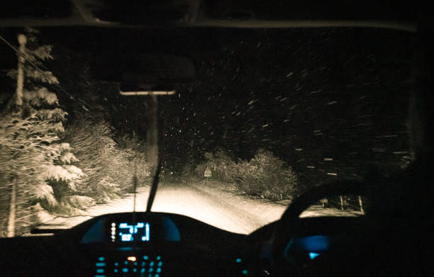 nocna jazda w burzy śnieżnej - drivers point of view country road snowing blizzard zdjęcia i obrazy z banku zdjęć