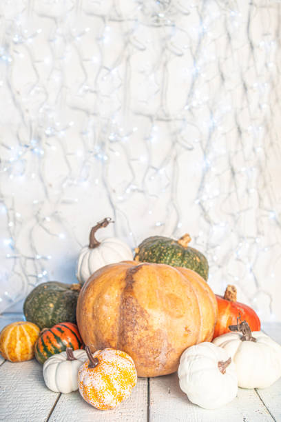 istock Pumpkins on white wooden background 1281844289