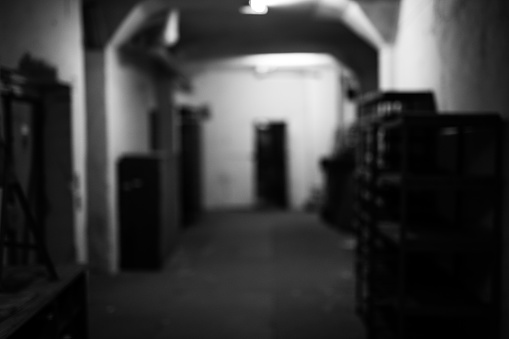 Door, Light, Corridor. Blurred picture. No people. Black and white