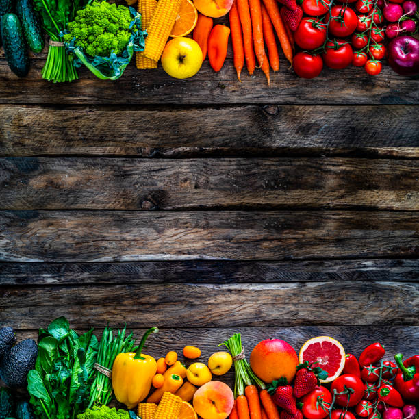 Fruits and vegetables border. Top view with copy space