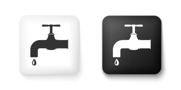 黒と白の水タップは、白い背景に孤立した落下水滴アイコンでタップします。正方形のボタン。ベクトル - falling water water bathroom drop点のイラスト素材／クリップアート素材／マンガ素材／アイコン素材