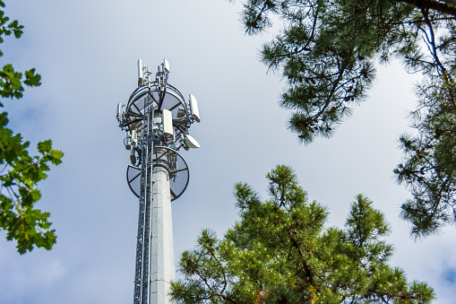 Platform at height with antennas for communication devices, lte and 5g in the countryside