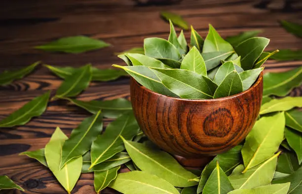 Bay leaves in wooden bowl with copy space