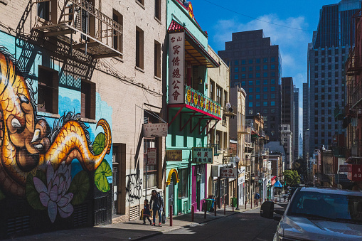 29 March 2019 - San Francisco, USA: Pedestrians walking down streets of San Francisco Chinatown