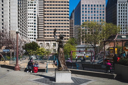 San Francisco, USA: 30 March 2019: Locals enjoying sunny day at Portsmouth Square in Chinatown