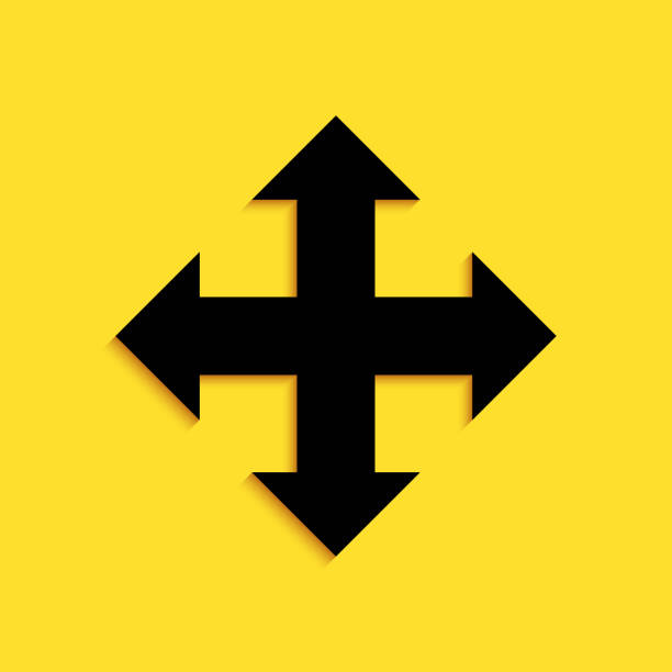 istock Black Arrows in four directions icon isolated on yellow background. Long shadow style. Vector 1281860154